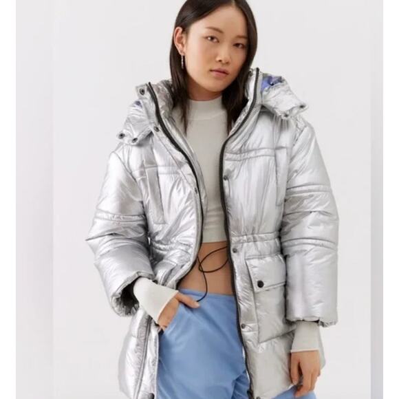 Urban Outfitters Alice Hooded Puffer Jacket Metallic Silver Large - Picture 1 of 9